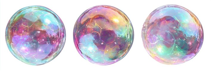 Three iridescent spheres, resembling soap bubbles, showcase a swirling mix of pastel pinks, purples, and greens, creating a dreamy, ethereal effect