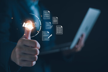 Businessman manage digital procurement process with business contract, invoice, approval documents, representing B2B sourcing, vendor management, supply chain.