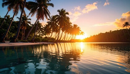 Sunset over a Tropical Beach with Palm Trees Reflected in Calm Water