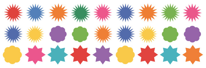 Set of colorful promotional labels with blank starburst price tags, discount stickers, and shopping seals

