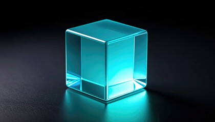 Transparent Blue Glass Cube On A Dark Surface With Light And Shadow