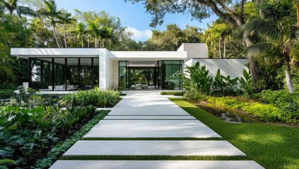 Modern house facade with white walkway.  Tropical landscaping surrounds a contemporary home with a clean, minimalist design.  Large windows and a patio are visible