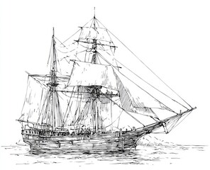 Detailed line drawing of a three-masted sailing ship at sea, showing rigging, sails, and hull