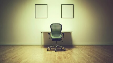 Empty office space with a desk and chair.