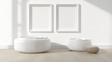 White round decorative container with small basket.