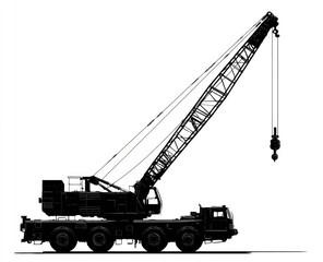 A side profile silhouette of a large, powerful mobile crane on a white background, its boom extended high, ready for lifting heavy objects