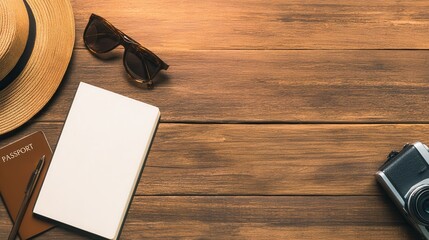 Travel essentials on a wooden table featuring sunglasses, a camera, and a passport