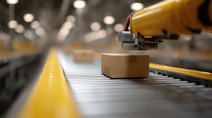 Automated Robotic Arm Handling a Cardboard Box on a Conveyor Belt in a Warehouse