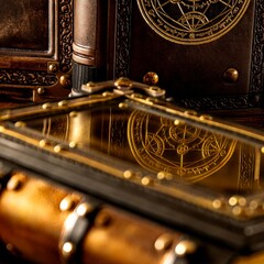Black leather book with a polished brass plate in the center of the front cover. The book is framed...