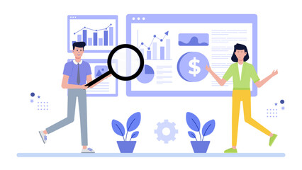 Two people using a magnifying glass to carefully examine financial data. Perfect for accounting, financial analysis, and investment concept.
