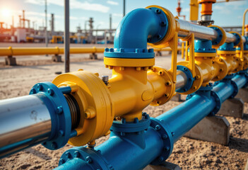 Industrial pipeline system with blue and yellow valves at a gas or oil facility
