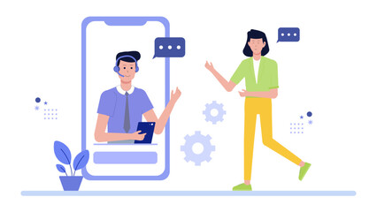 Virtual customer service agent providing online assistance to a client. Suitable for websites, customer service, technology, digital support concepts.