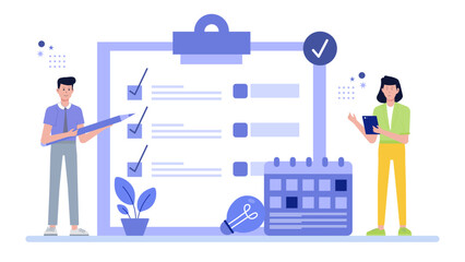 Two people organize tasks with a checklist and calendar. Ideal for planning, organization, teamwork, project management, scheduling, collaboration themes.