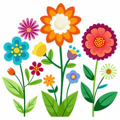 Colorful assortment of whimsical flowers with varied shapes and sizes on white background art design