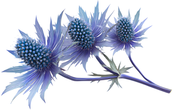 Sea Holly flower with long stem, isolated on transparent background