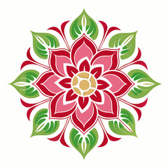 Illustration of a symmetrical floral design with pink red and green petals and leaves in a circular pattern