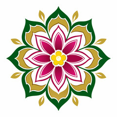 Illustration of a symmetrical floral design with pink petals green and gold leaves on a white background
