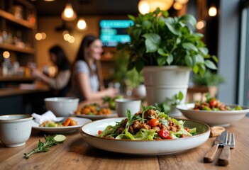 Fresh vegetable salad served on a white plate in a cozy cafe setting with blurred background