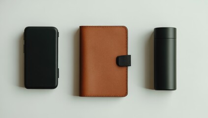 Three items arranged horizontally on a plain white surface a black phone case, a tan leather phone case with a flap, and a black cylindrical container