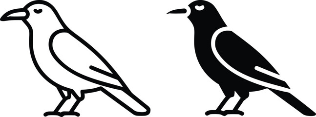 Raven Bird Vector Icons – Black and White Halloween Crow Silhouette Line Illustration