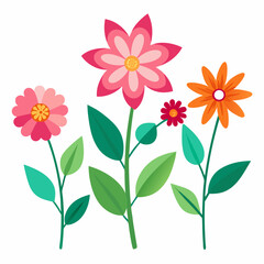 Illustration of three large flowers and one small flower with green leaves on a white background