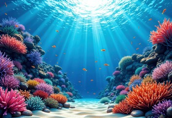 Naklejka premium Vibrant coral reef scene with colorful marine life and sunlight filtering through water