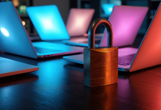 A metallic padlock stands in front of glowing laptops, symbolizing security