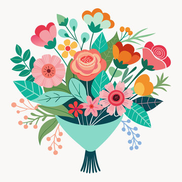 Colorful floral bouquet illustration featuring various flowers and leaves in a decorative arrangement