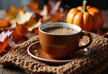 Warm coffee in a cup with autumn leaves and a pumpkin creating a cozy fall scene
