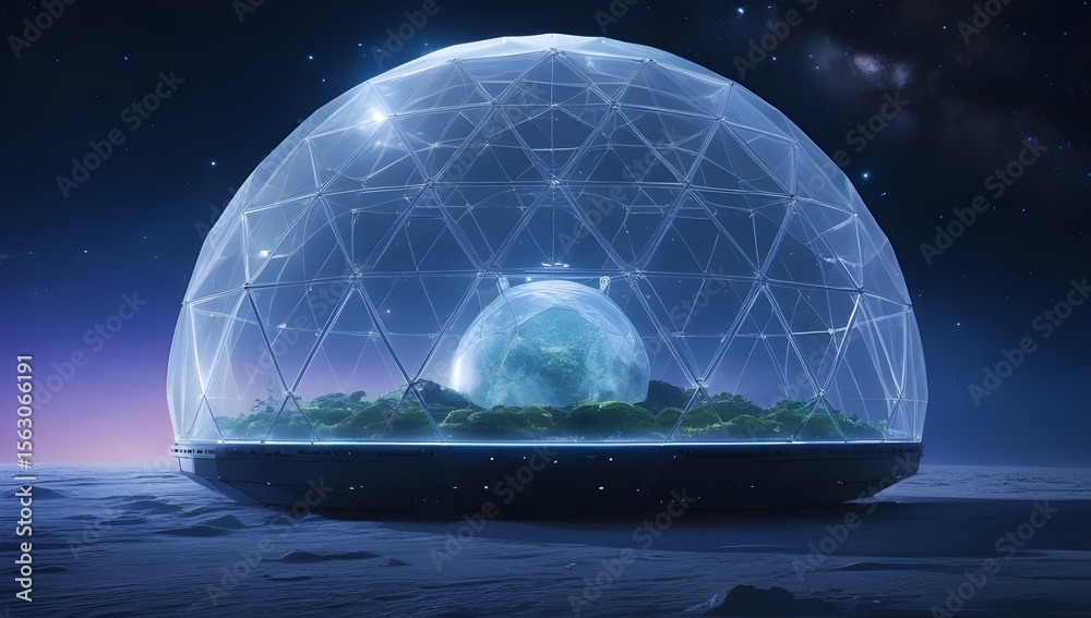 Wall mural a futuristic geodesic dome encapsulates a vibrant green ecosystem, set against a backdrop of a starr