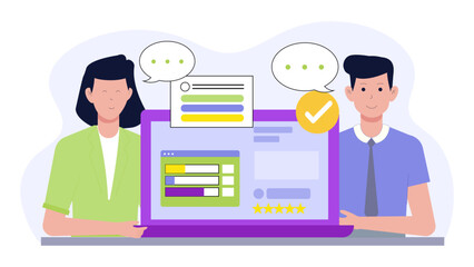 Man and woman reviewing laptops online survey. Suitable for technology, internet surveys, online reviews, working from home concept visuals.