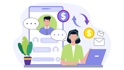 Online customer service representative assisting with secure money transactions. Ideal for websites, financial blogs, and ecommerce businesses.