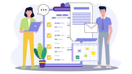 Two people in a meeting discussing a project schedule and tasks. Suitable for business, planning, teamwork, project management concepts.