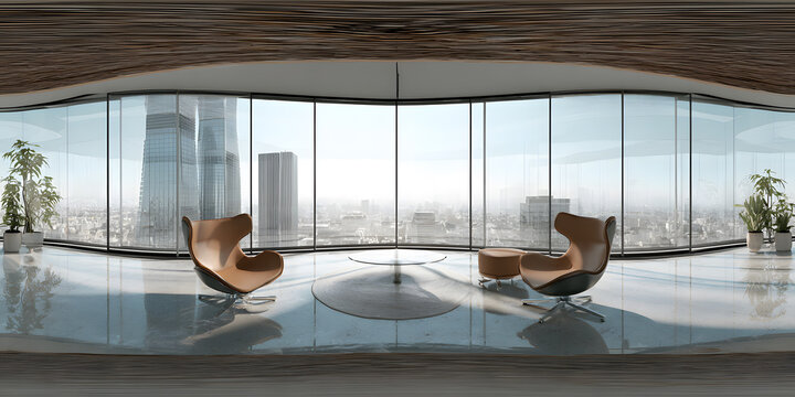360 degree panorama view.A 3D picture shows a virtual reality (VR) view of a conference room.  