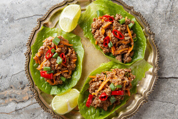 Ground Beef Lettuce Wraps with vegetables close-up on the plate on table. Horizontal top view from...