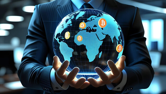 Digital Globe with Floating Currency Symbols, Fintech Concept with World Map and Money Signs, Global Economy Hologram in a Businessman’s Hand, generative ai