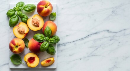 Fresh peaches, some halved to show the pit, arranged with basil leaves on a marble board.