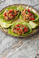 Juicy Thai Beef Lettuce Cups close-up on the plate on table. Vertical