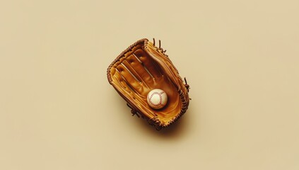 Baseball glove and ball on beige surface (1)