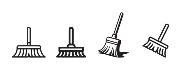 Set of four black line art broom icons on a white background isolated on white background