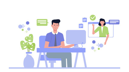 Man video conferencing with a woman online. Suitable for virtual meeting, remote work, telecommuting, online collaboration, video call concept.