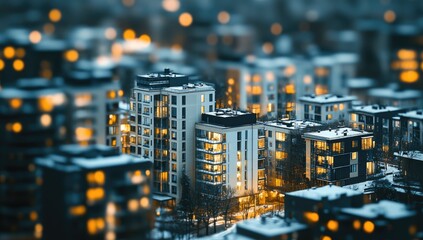 Cityscape at night, miniature view, snow-covered buildings.  Warm light from apartment windows illuminates urban scene