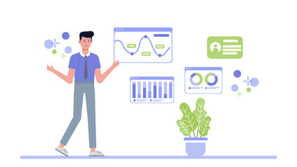 Man presenting data charts and graphs with a plant, suitable for business presentations, finance reports, ecofriendly concepts, and data analysis.
