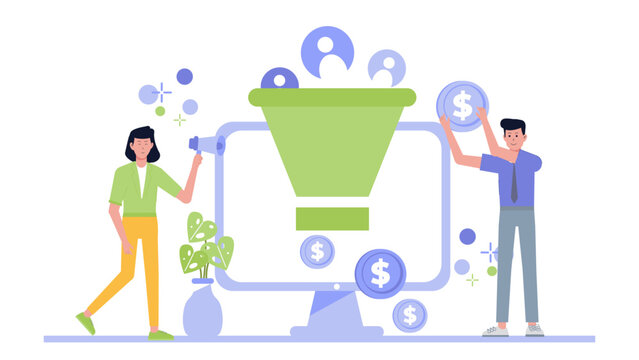 Sales funnel design with digital marketing icons in a modern style. Perfect for webinars, lead generation campaigns, and online sales strategies.