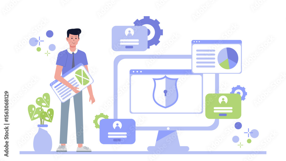 Aufkleber man holding data near a secure computer, suitable for cybersecurity, data protection, technology, in