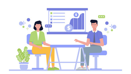 Two colleagues analyzing financial data at a small table. Suitable for business presentations and financial reports. Corporate teamwork concept.