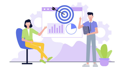 Business meeting featuring charts and a target; suitable for presentations, reports, business blogs, financial articles, and corporate websites.