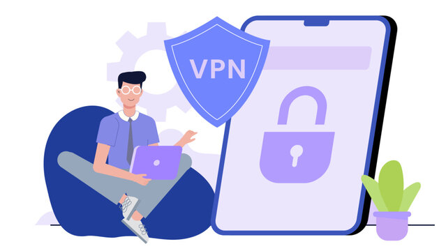 Man securely accessing internet with a VPN. Suitable for cybersecurity, online privacy, virtual private network concepts. Protection from data breaches.