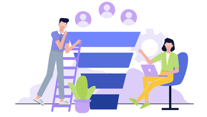 Two people working on a sales funnel, ideal for marketing materials, business presentations, and website designs targeting sales strategies.