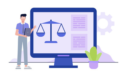 Man demonstrating legal software on a computer screen, suitable for law related presentations or technology concept illustrations in a corporate setting.